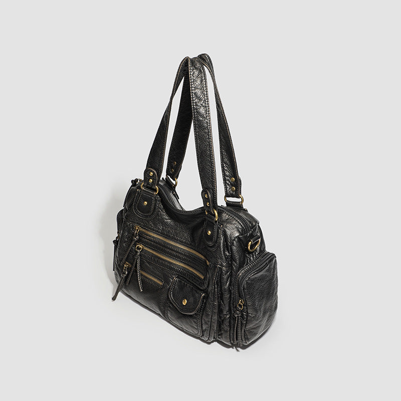 Cross Border Subculture Y2K Multi Zipper Biker Bag Sweet Cool Soft Leather Vintage Bronze Tote Bag French Armpit Bag