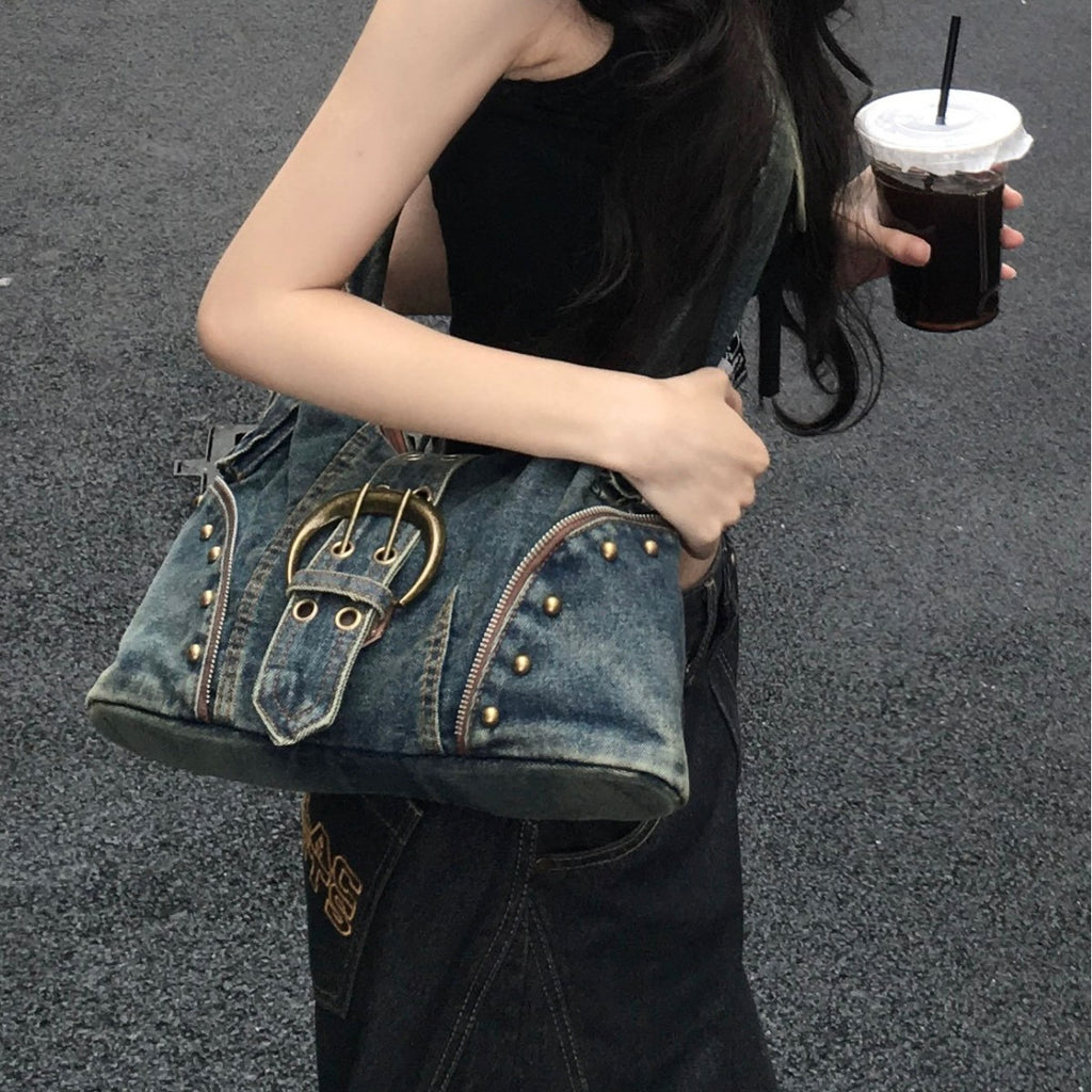 American retro denim bag, street trend, crossbody bag, student commuting, large capacity, high-class design, tote bag women