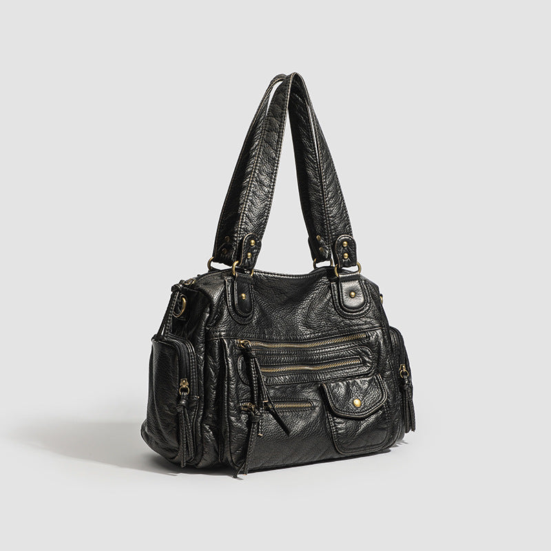 Cross Border Subculture Y2K Multi Zipper Biker Bag Sweet Cool Soft Leather Vintage Bronze Tote Bag French Armpit Bag