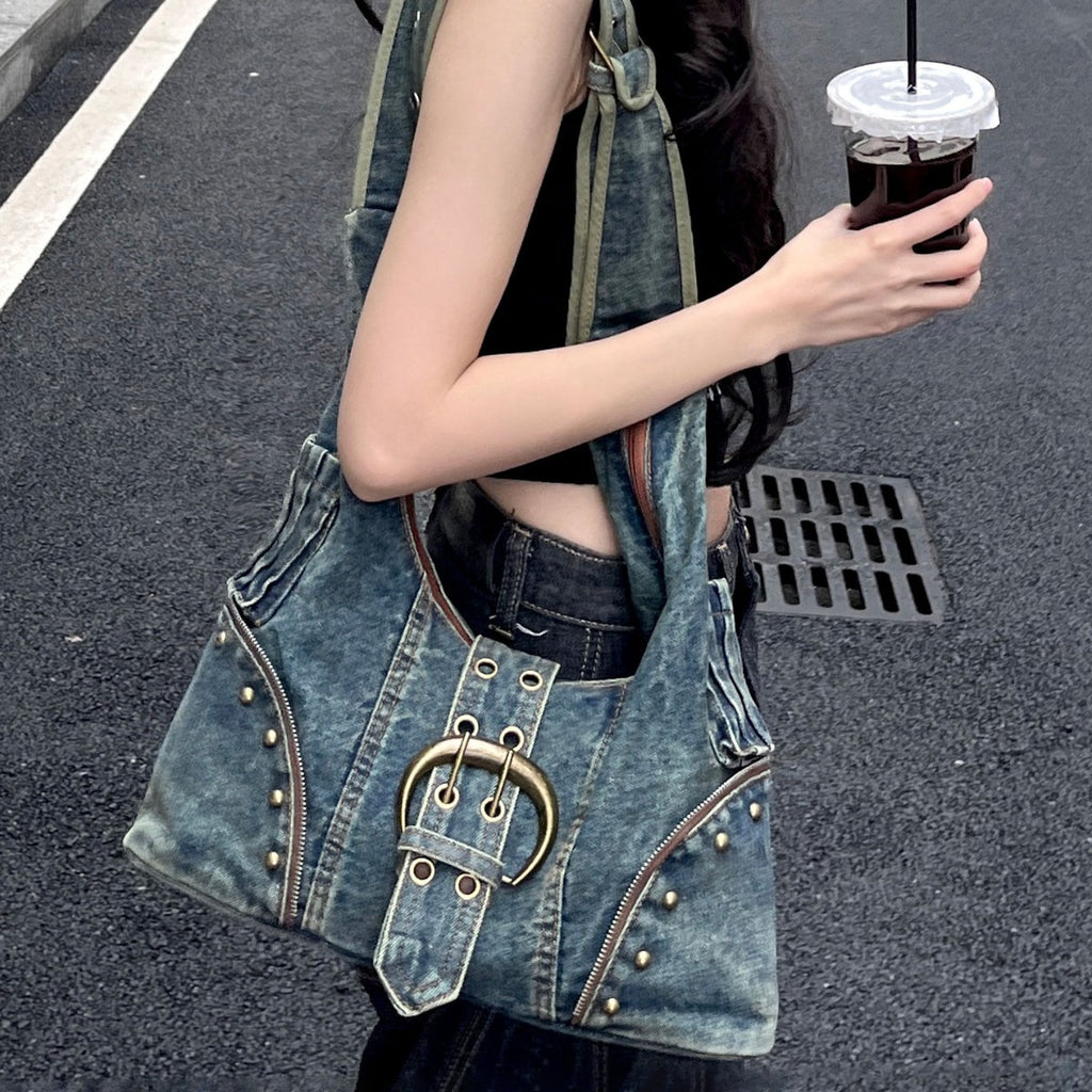 American retro denim bag, street trend, crossbody bag, student commuting, large capacity, high-class design, tote bag women