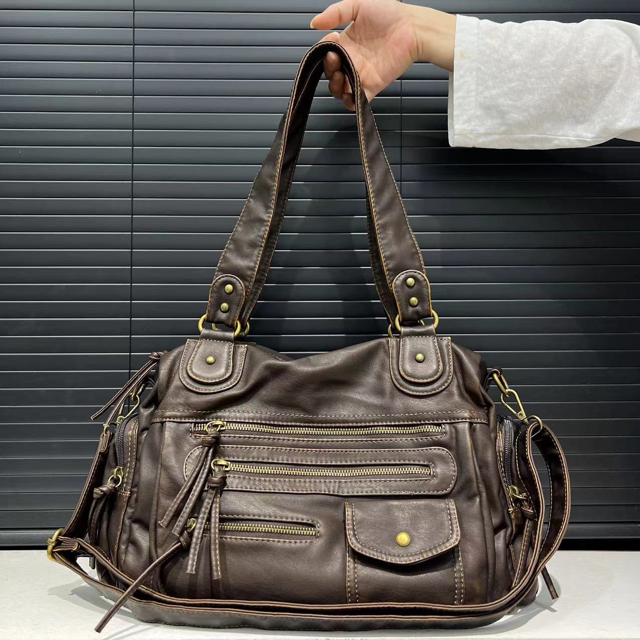 Cross-border exclusive women's fashion Y2K washed old motorcycle bag large capacity vintage shoulder crossbody tote bag