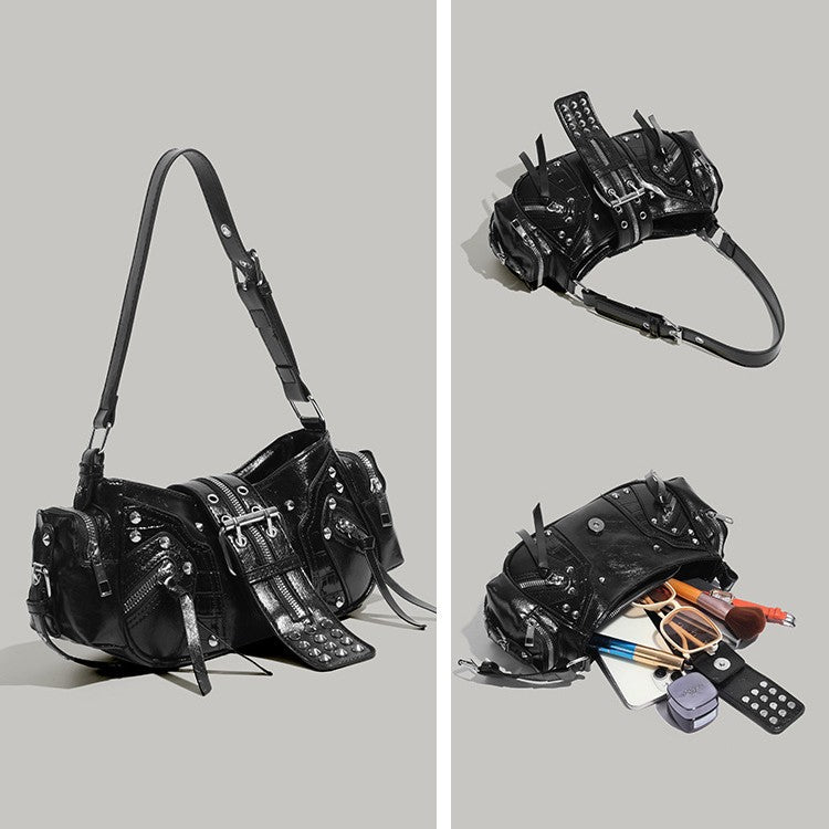 Locomotive punk rivet belt bag motorcycle style one shoulder armpit bag cross-border European and American retro bag women's crossbody bag tide