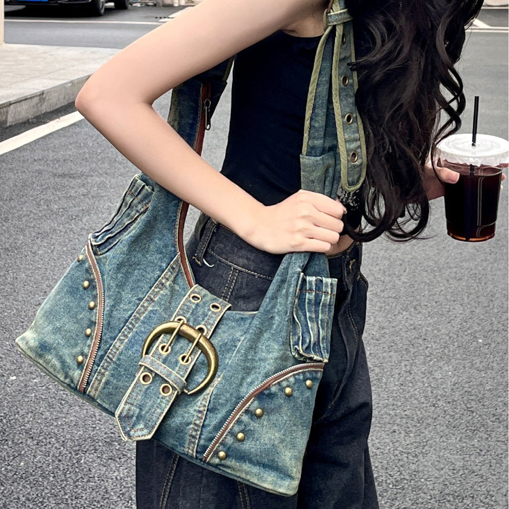 American retro denim bag, street trend, crossbody bag, student commuting, large capacity, high-class design, tote bag women