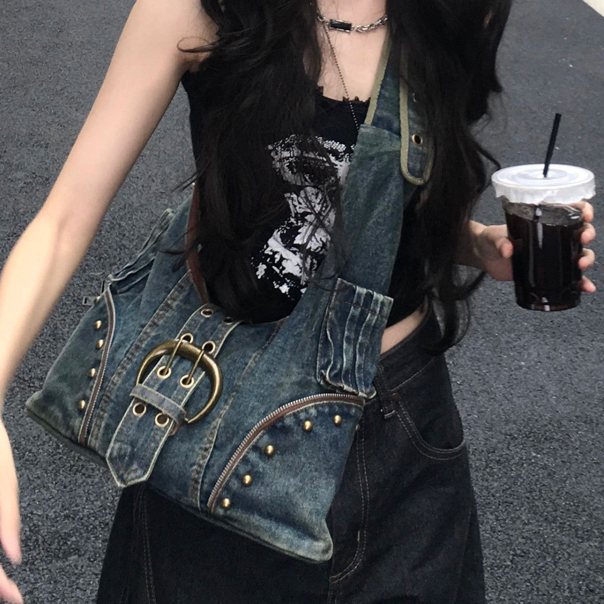 American retro denim bag, street trend, crossbody bag, student commuting, large capacity, high-class design, tote bag women