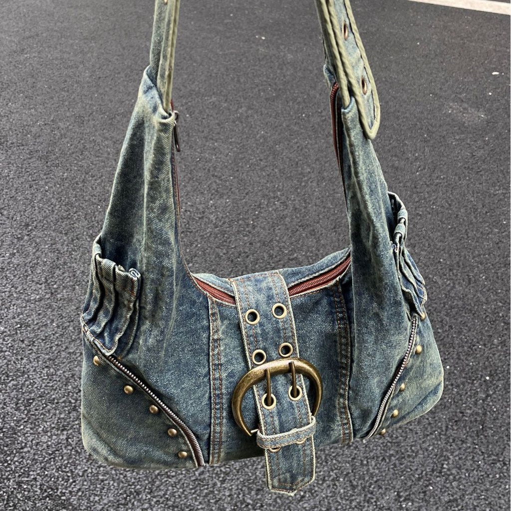 American retro denim bag, street trend, crossbody bag, student commuting, large capacity, high-class design, tote bag women