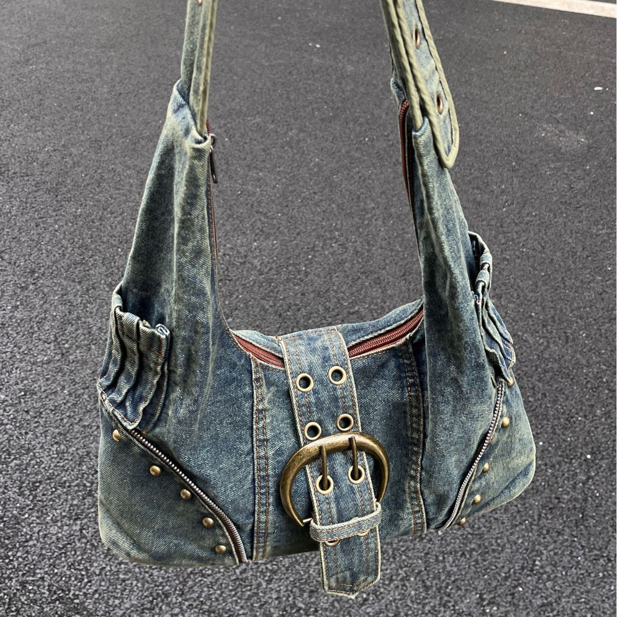 American retro denim bag, street trend, crossbody bag, student commuting, large capacity, high-class design, tote bag women